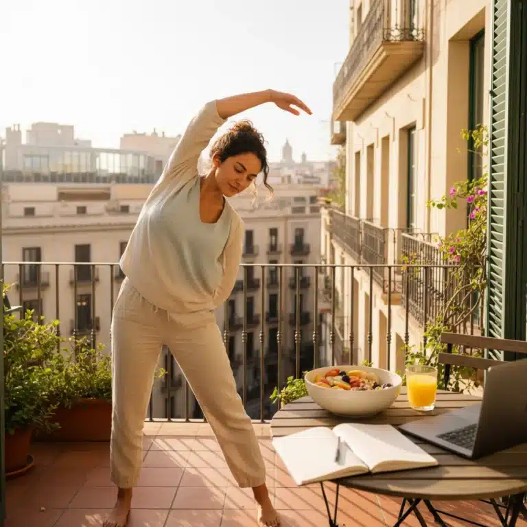 Mujer optimizando su rutina matutina en un apartamento soleado en España, estirándose y preparando su día.