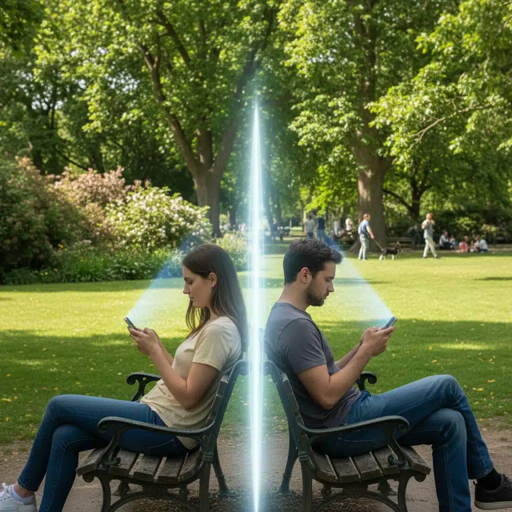 Pareja en un banco del parque absorta en sus teléfonos, ilustrando la desconexión digital.