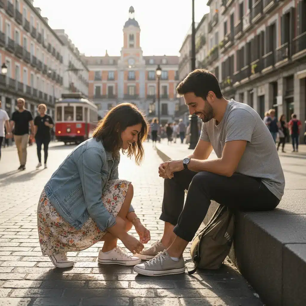 Joven pareja española mostrando apoyo mutuo en un gesto cotidiano de amor y cuidado.