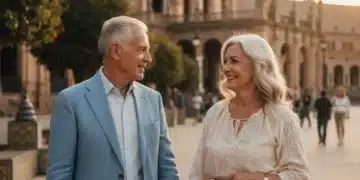 Pareja española mayor tomados de la mano en una plaza, simbolizando amor incondicional y duradero.