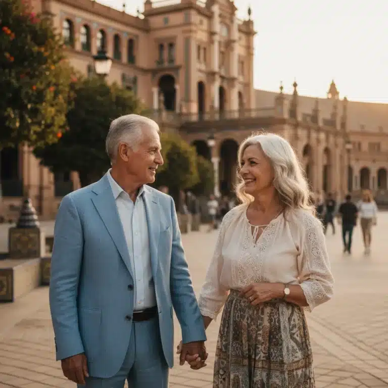 Pareja española mayor tomados de la mano en una plaza, simbolizando amor incondicional y duradero.