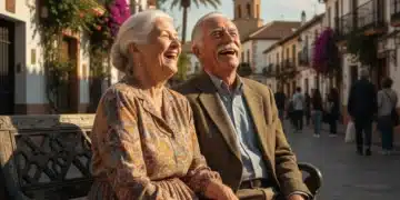 Pareja española mayor riendo en un banco, transmitiendo sabiduría y alegría.