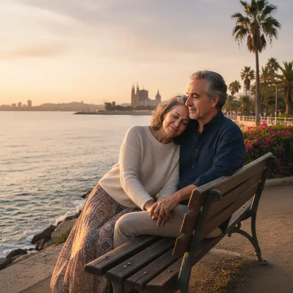 Pareja de mediana edad compartiendo un momento íntimo y de comprensión en un banco frente al mar.