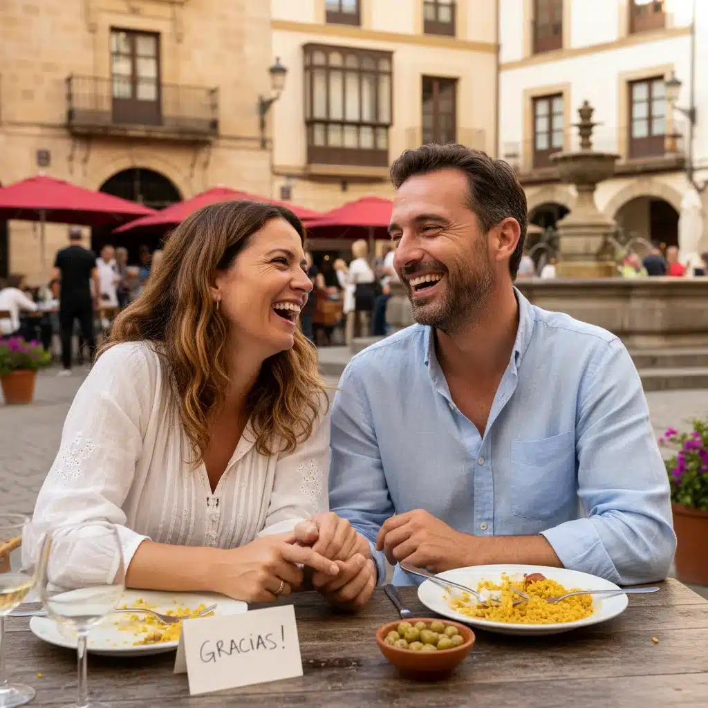 Pareja riendo y compartiendo un momento de gratitud en una cafetería española
