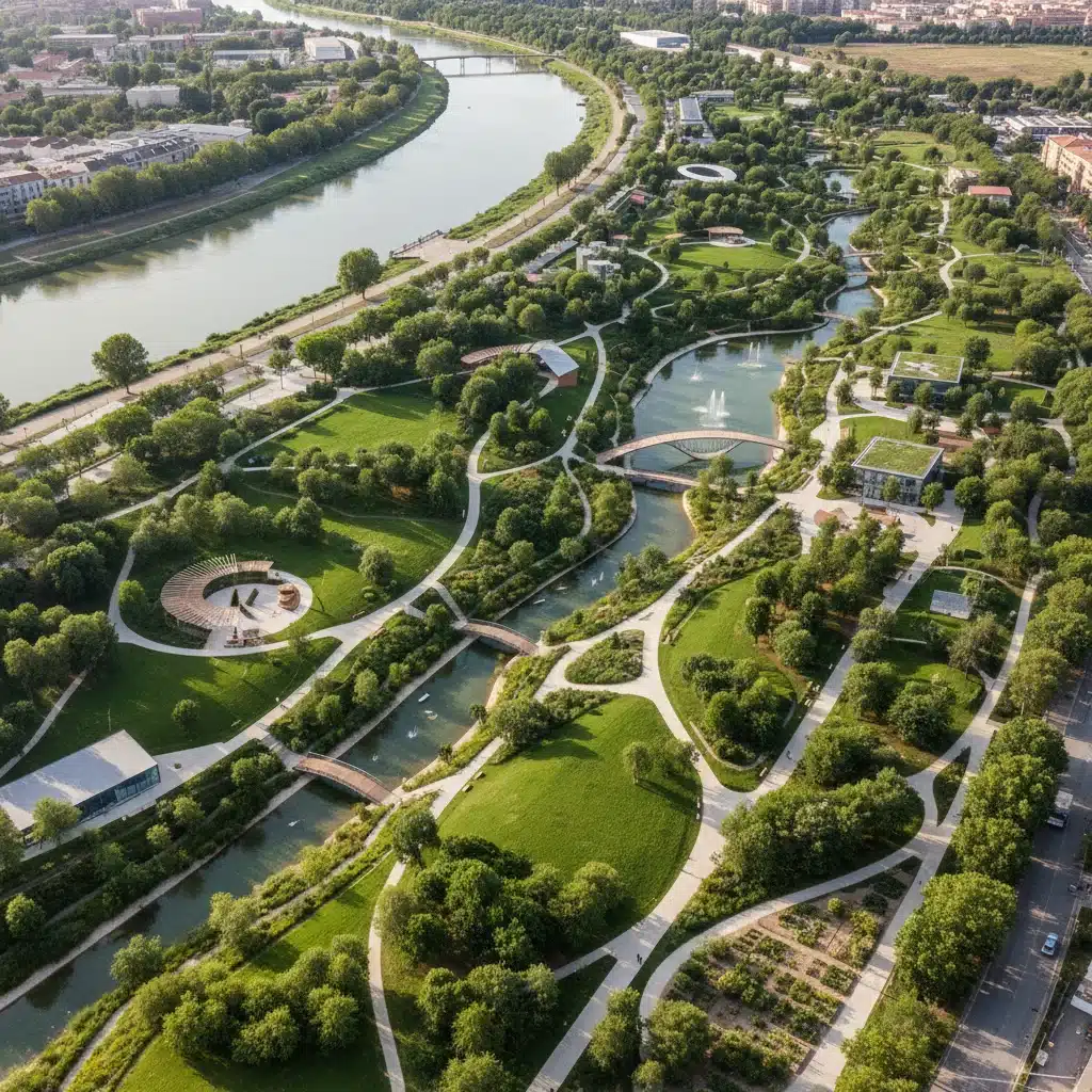 Vista aérea del Parque Urbano del Río Ebro, mostrando zonas verdes, agua y senderos peatonales.
