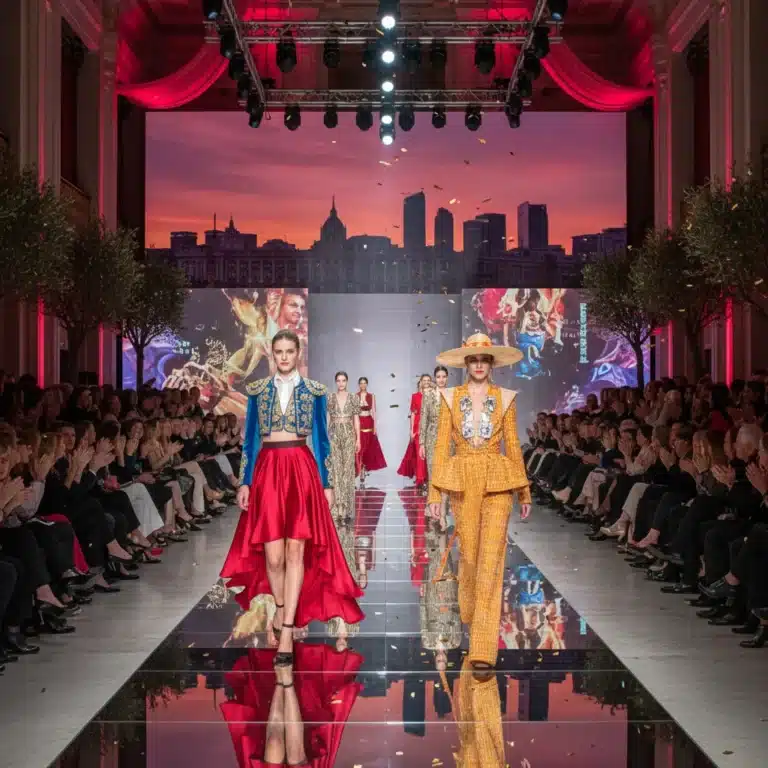 Pasarela de moda española vibrante con diseños innovadores que fusionan tradición y vanguardia