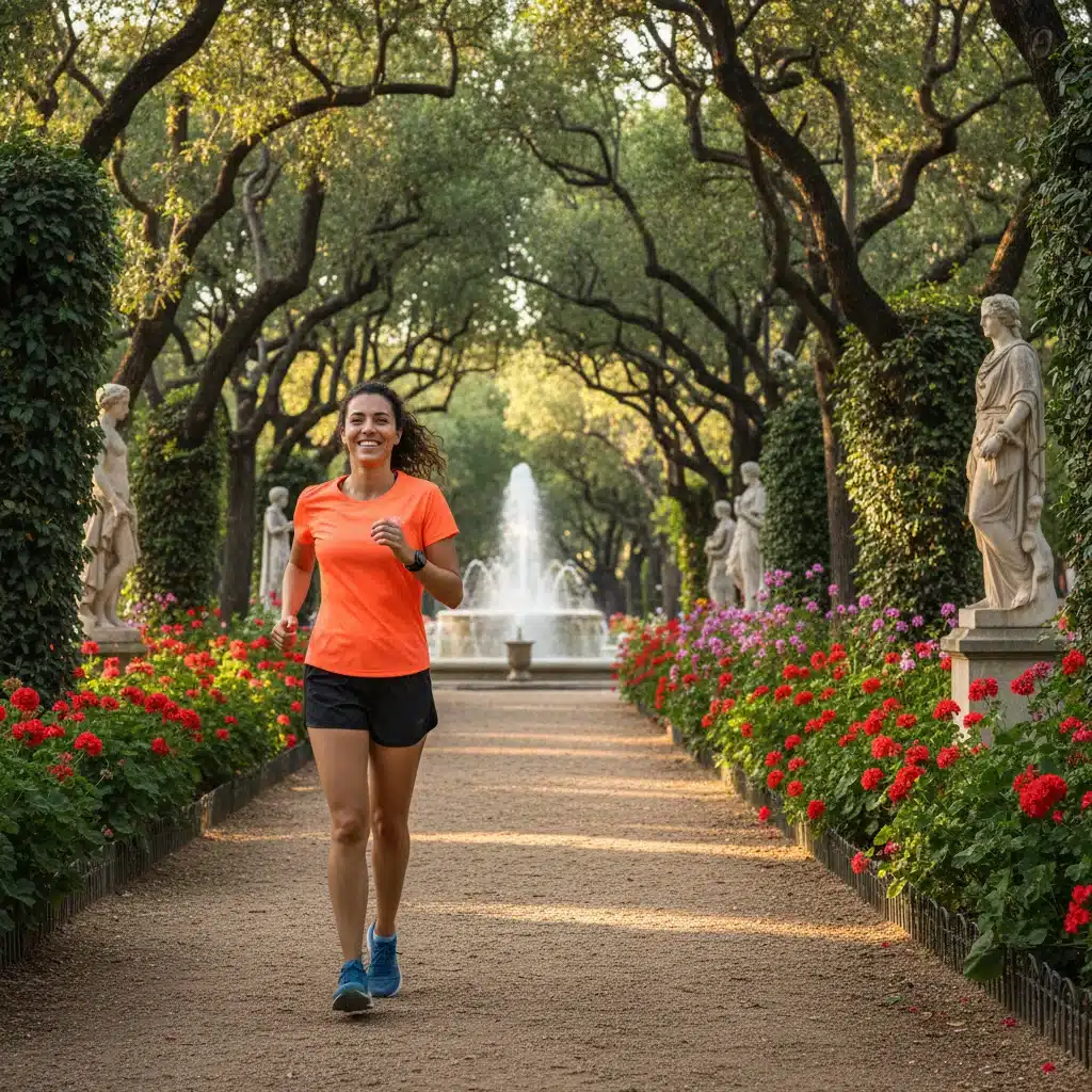 Persona sonriendo y disfrutando de un paseo enérgico en un parque español, mostrando los beneficios del ejercicio físico.