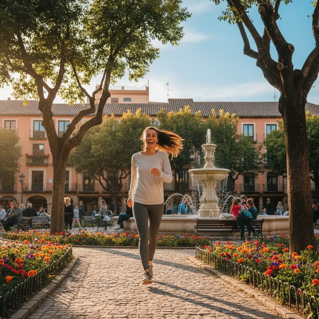 Persona sonriente paseando en un parque urbano español, disfrutando de la naturaleza y el ejercicio