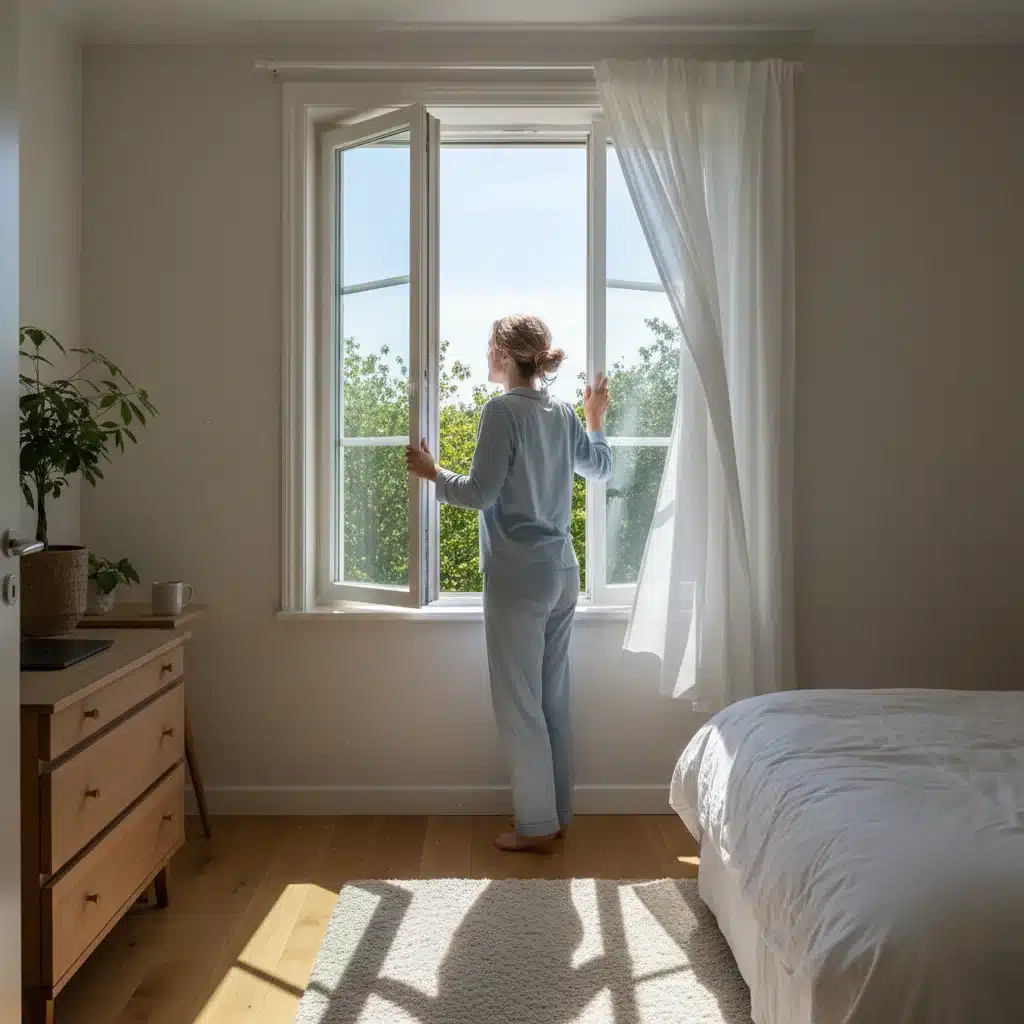 Persona abriendo completamente una ventana en un dormitorio, promoviendo la ventilación cruzada y la renovación del aire.