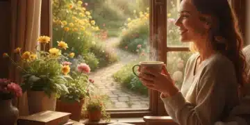 Persona disfrutando de un café matutino, simbolizando los pequeños placeres diarios.