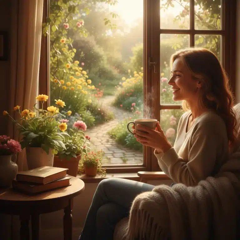 Persona disfrutando de un café matutino, simbolizando los pequeños placeres diarios.