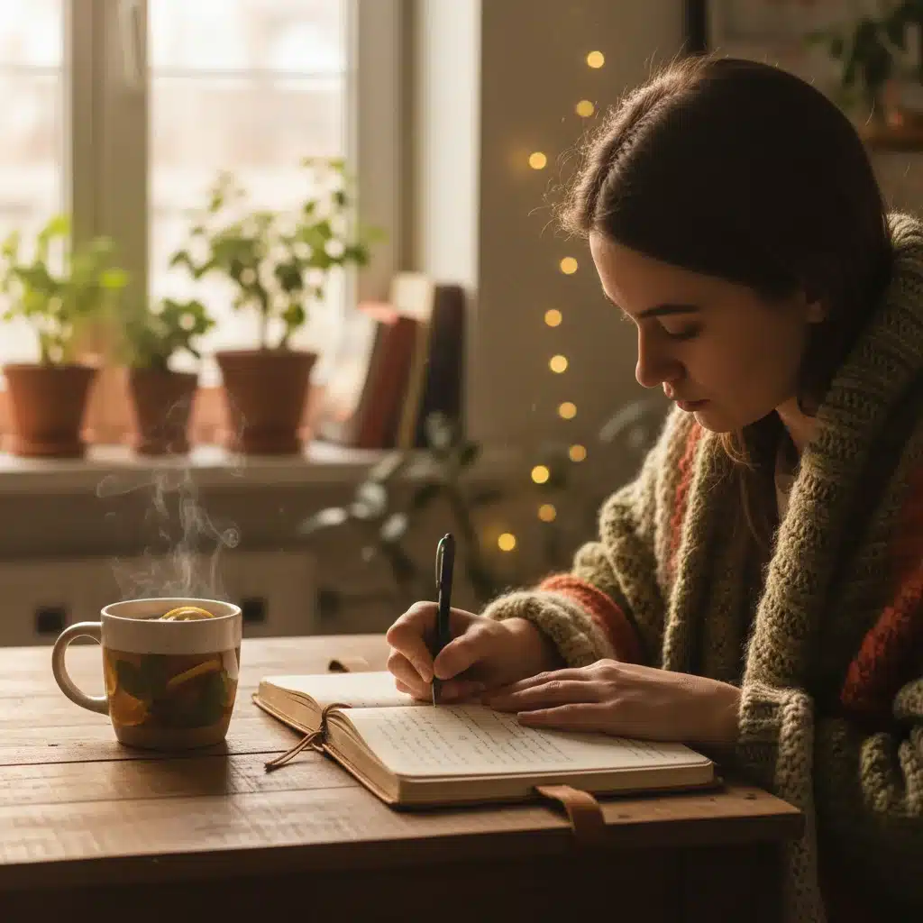 Persona escribiendo en un diario, reflejando introspección y procesamiento emocional.