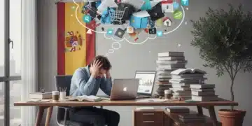 Gestionar Estrés Laboral y Personal: 4 Herramientas Clave en España Persona estresada en el trabajo con papeles y portátil, reflejando el estrés laboral y personal en España.