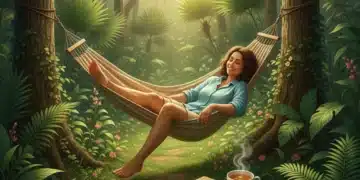 Planificación de Fin de Semana: Maximiza Descanso y Recreación para Mayor Satisfacción Persona relajándose felizmente en una hamaca al aire libre con un cuaderno, simbolizando la planificación del fin de semana y el ocio tranquilo.