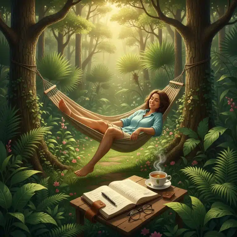 Persona relajándose felizmente en una hamaca al aire libre con un cuaderno, simbolizando la planificación del fin de semana y el ocio tranquilo.