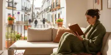 Persona leyendo un libro cómodamente en un salón moderno en España, simbolizando la concentración y el hábito de lectura.