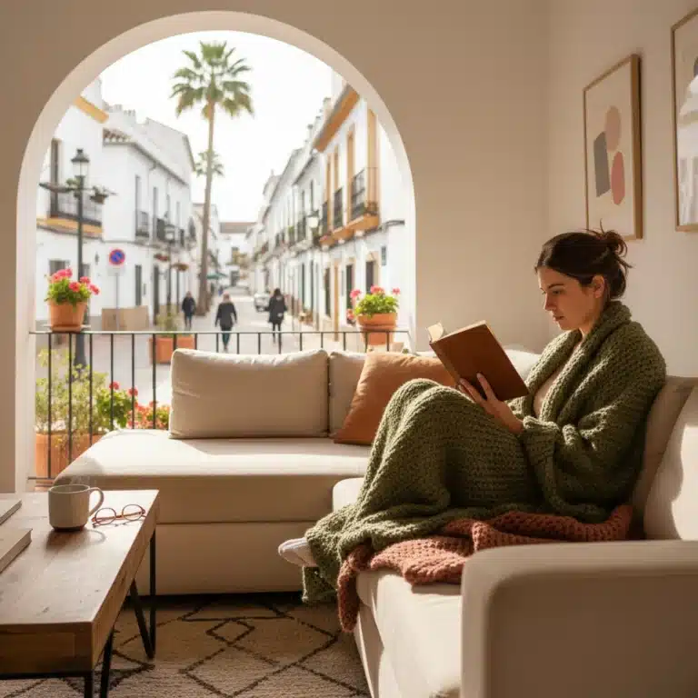 Persona leyendo un libro cómodamente en un salón moderno en España, simbolizando la concentración y el hábito de lectura.