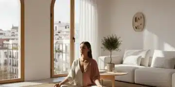 Relajación Rápida: Técnicas Anti-Ansiedad para la Vida Moderna Española Persona relajándose en un entorno moderno español, practicando una técnica anti-ansiedad