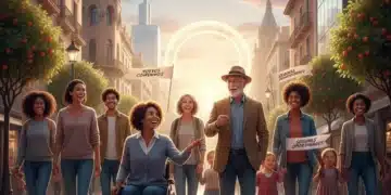 Grupo diverso de personas sonrientes caminando hacia un futuro brillante en una ciudad española, simbolizando nuevas oportunidades.