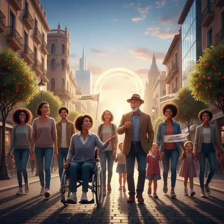 Grupo diverso de personas sonrientes caminando hacia un futuro brillante en una ciudad española, simbolizando nuevas oportunidades.
