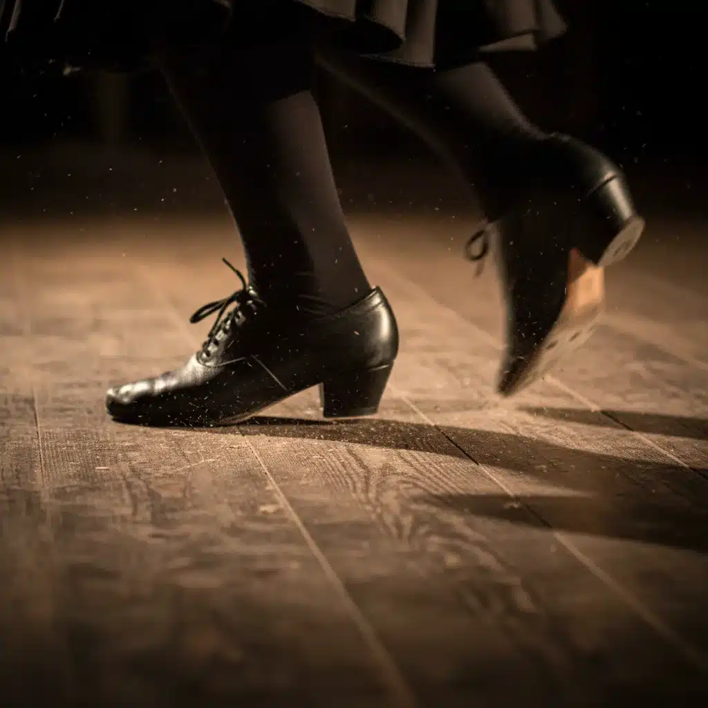Pies de bailaora de flamenco realizando un zapateado rítmico sobre un tablao de madera, mostrando la intensidad y la técnica del baile.
