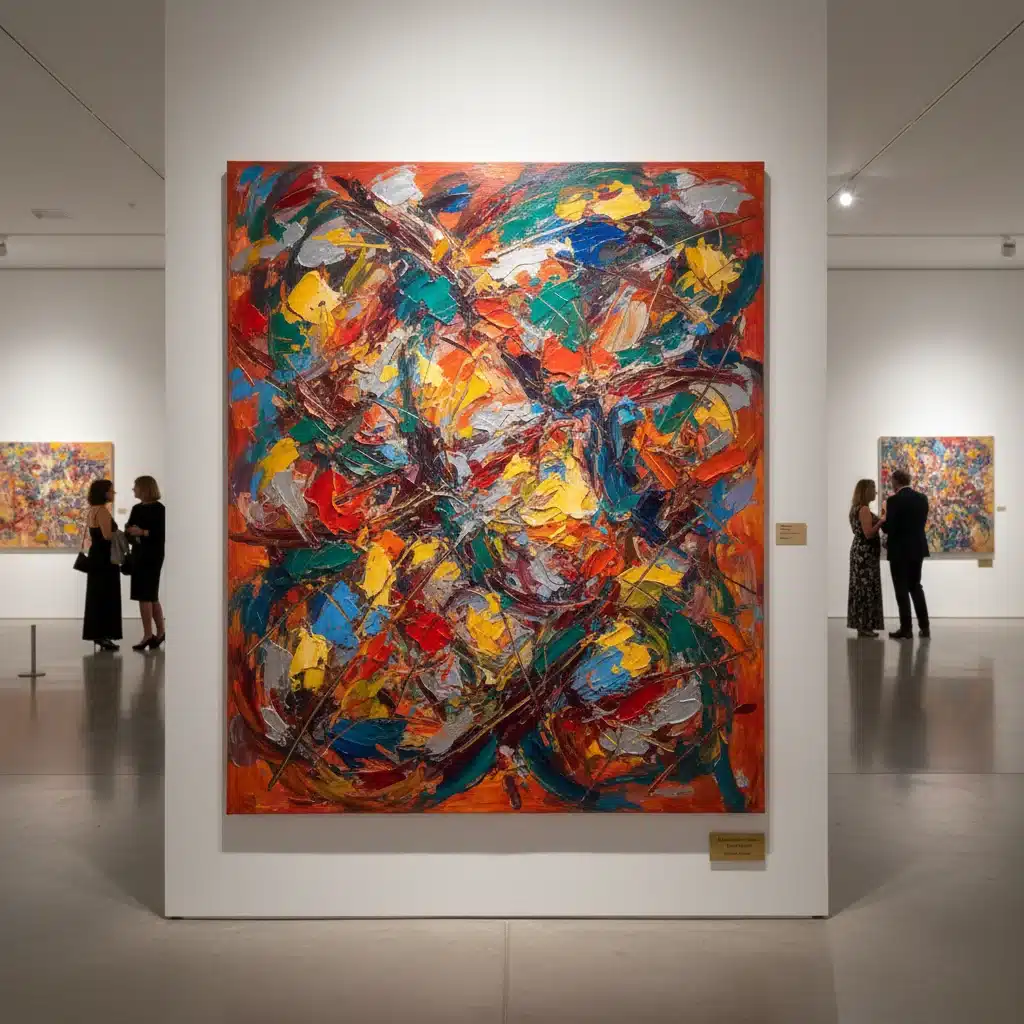 Pintura abstracta vibrante y colorida exhibida, simbolizando la expresión emocional y la sanación alcanzada a través del arte.