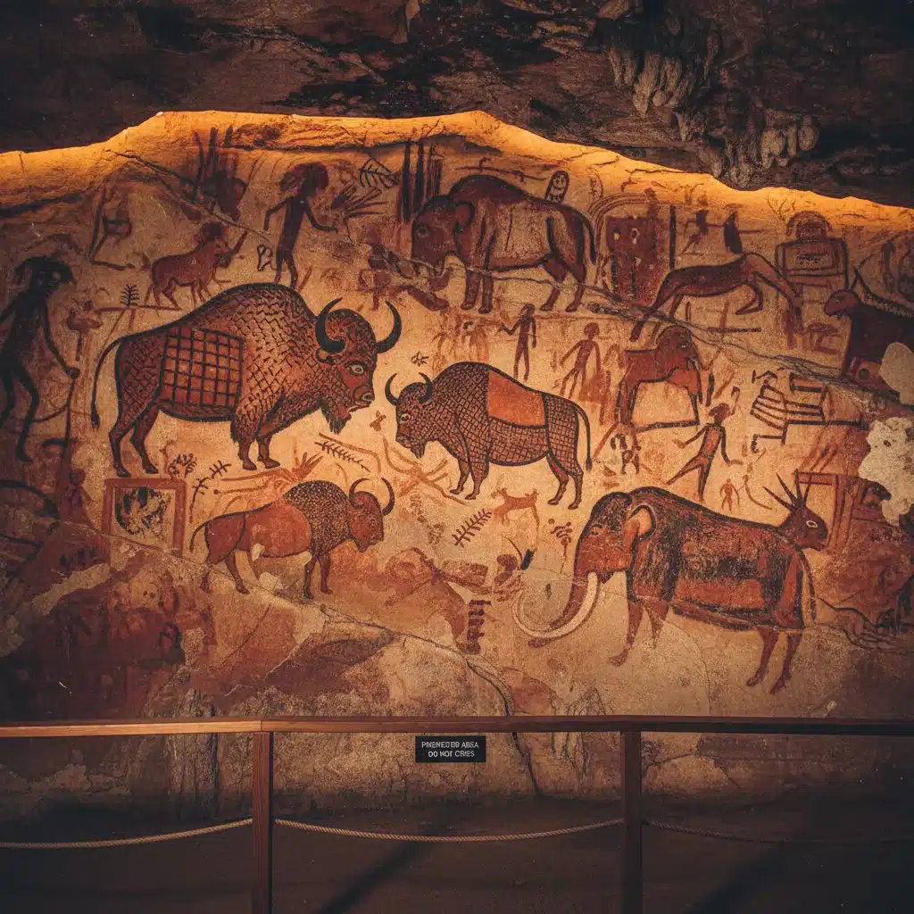 Pintura rupestre prehistórica intrincada con figuras humanas y animales en pigmentos rojos y negros.