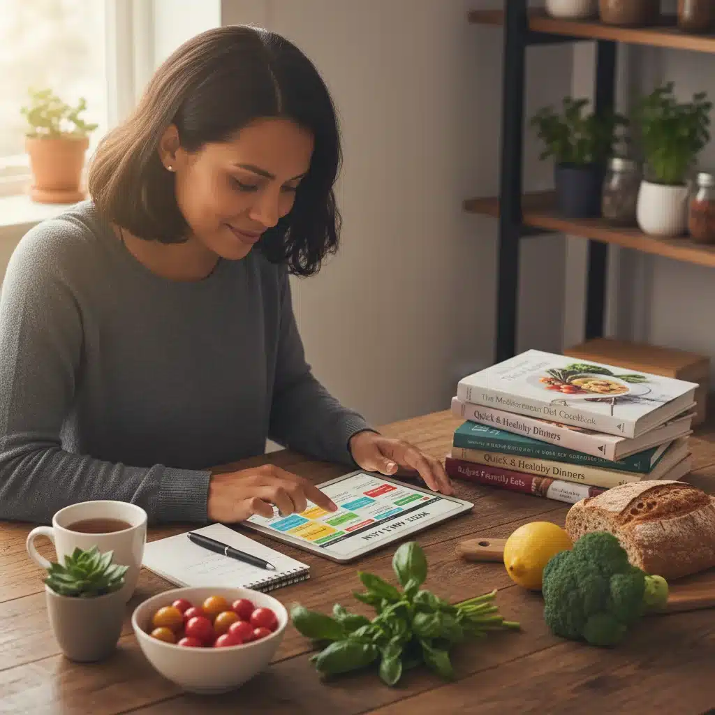 Persona planificando el menú semanal y la lista de la compra en una mesa de cocina.