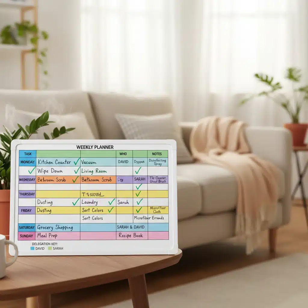 Planificador semanal con tareas del hogar codificadas por colores.