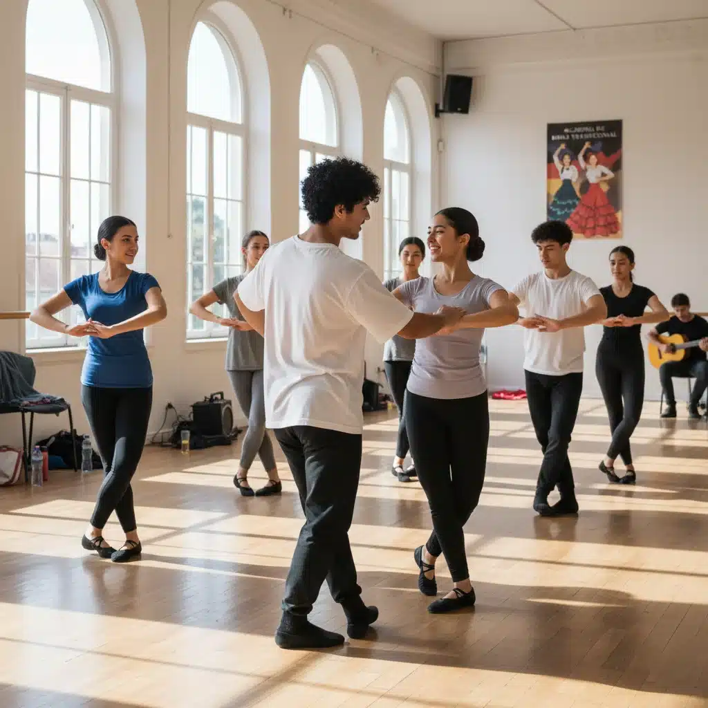 Jóvenes bailarines practicando una danza folclórica española en un estudio, mostrando alegría y dedicación a la tradición.