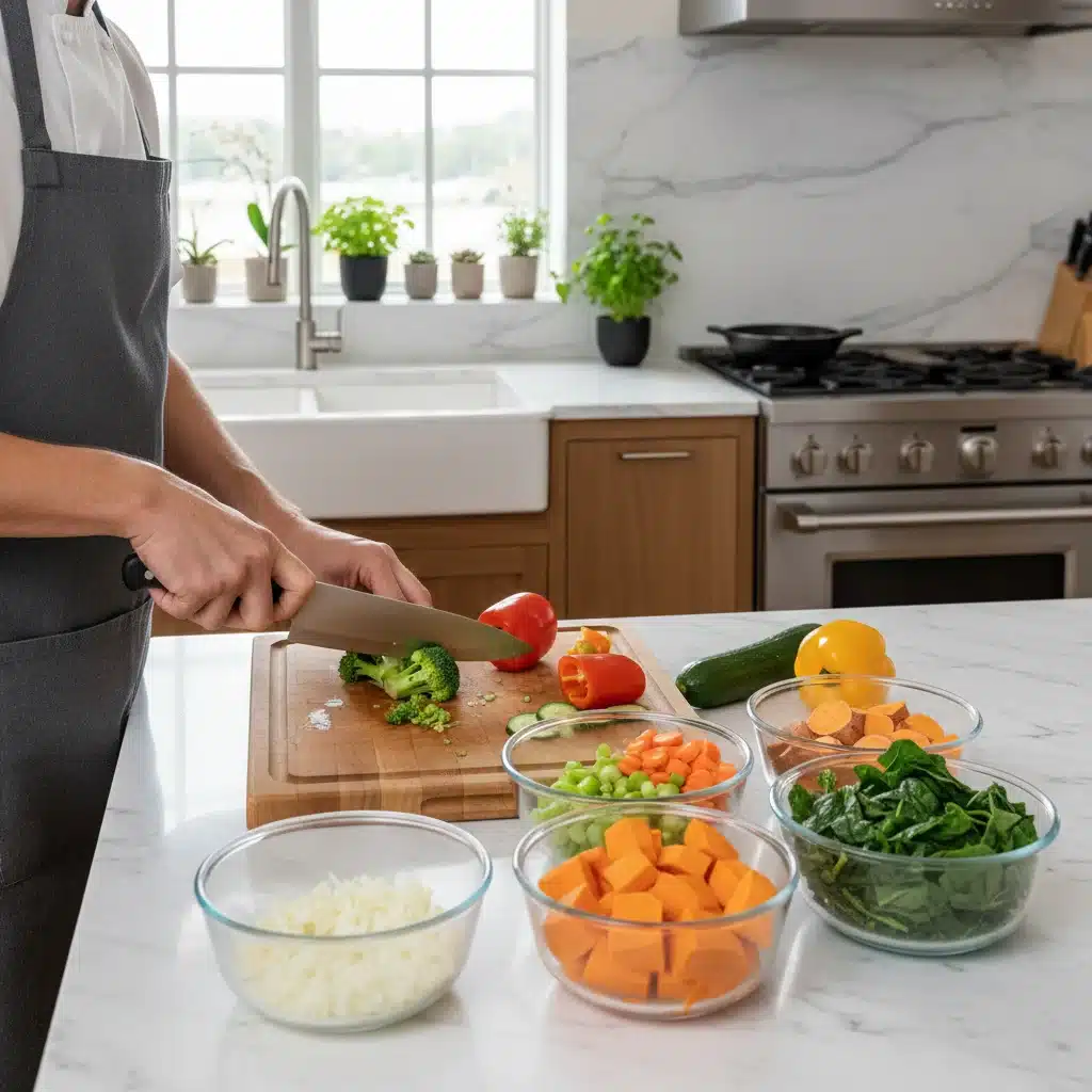 Persona cortando verduras frescas en una tabla, con ingredientes ya preparados alrededor, ilustrando la eficiencia en la cocina.