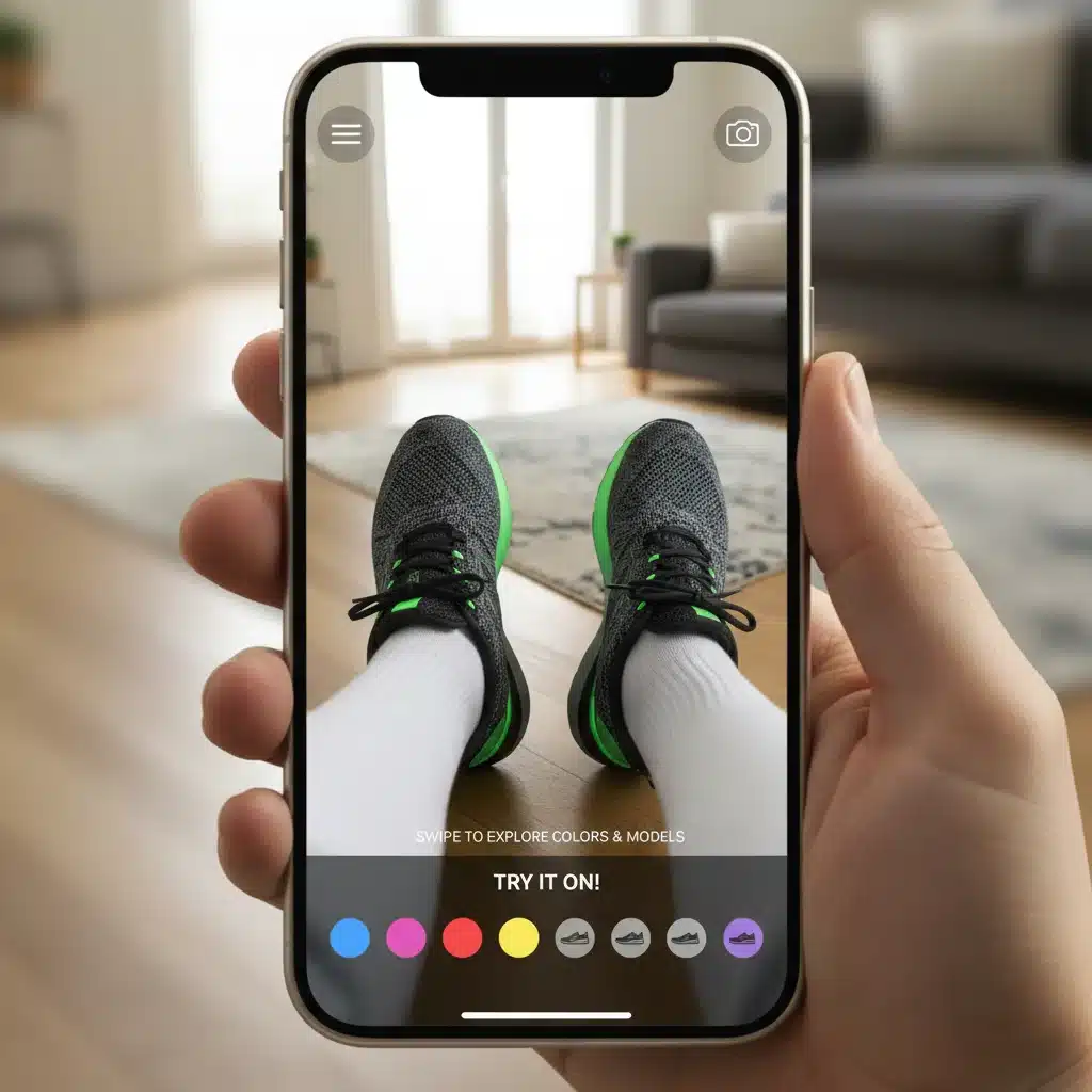 Persona probándose zapatillas virtualmente usando una aplicación de realidad aumentada en su smartphone.