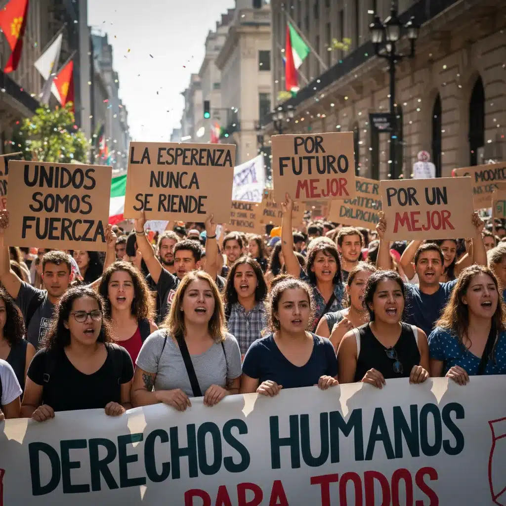 Grupo diverso de personas en una manifestación pacífica, mostrando unidad y determinación en la defensa de sus derechos y convicciones.