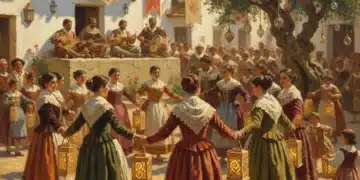 Pueblo español celebrando una tradición ancestral olvidada con trajes típicos y música.