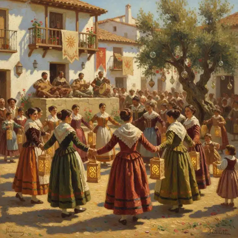Pueblo español celebrando una tradición ancestral olvidada con trajes típicos y música.