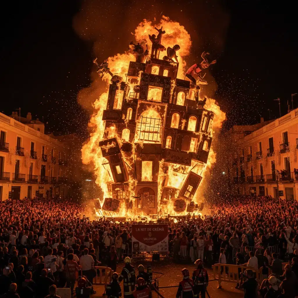Detalle de una falla ardiendo en Valencia, con una multitud observando, simbolizando la atracción turística de Las Fallas.