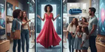 Realidad Aumentada España: Impulsa Ventas 15% para 2026 Clientes españoles interactuando con realidad aumentada en una tienda, probándose ropa virtual y visualizando productos en sus hogares.
