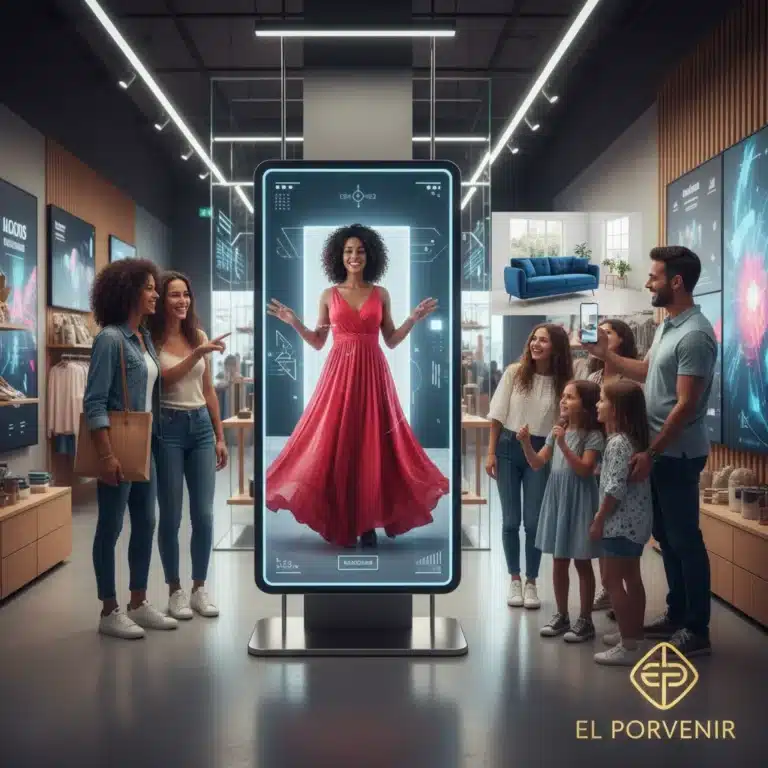 Clientes españoles interactuando con realidad aumentada en una tienda, probándose ropa virtual y visualizando productos en sus hogares.