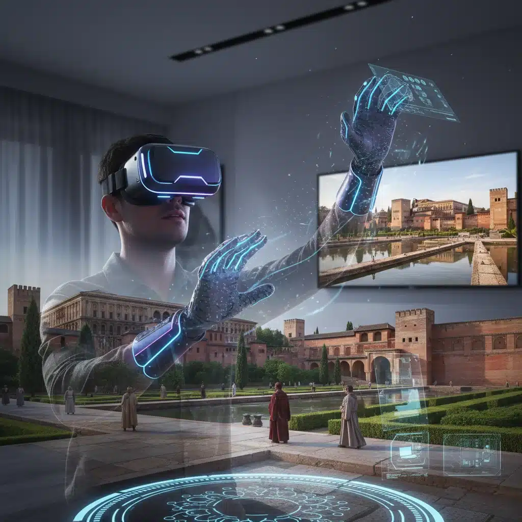 Usuario explorando la Alhambra en realidad virtual, interactuando con reconstrucciones 3D.