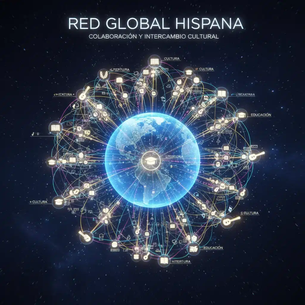 Red global digital interconectada que muestra el intercambio cultural y lingüístico hispanohablante.
