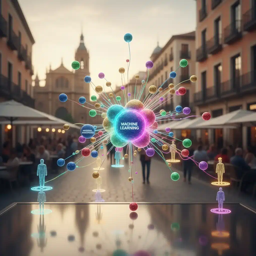 Red de datos y algoritmos de IA procesando información para personalizar la experiencia del cliente.