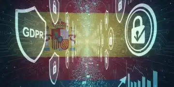 Representación visual de la regulación de datos en España, con elementos de seguridad y privacidad.