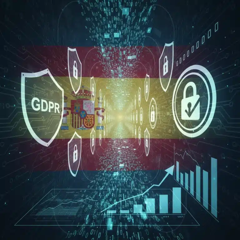 Representación visual de la regulación de datos en España, con elementos de seguridad y privacidad.