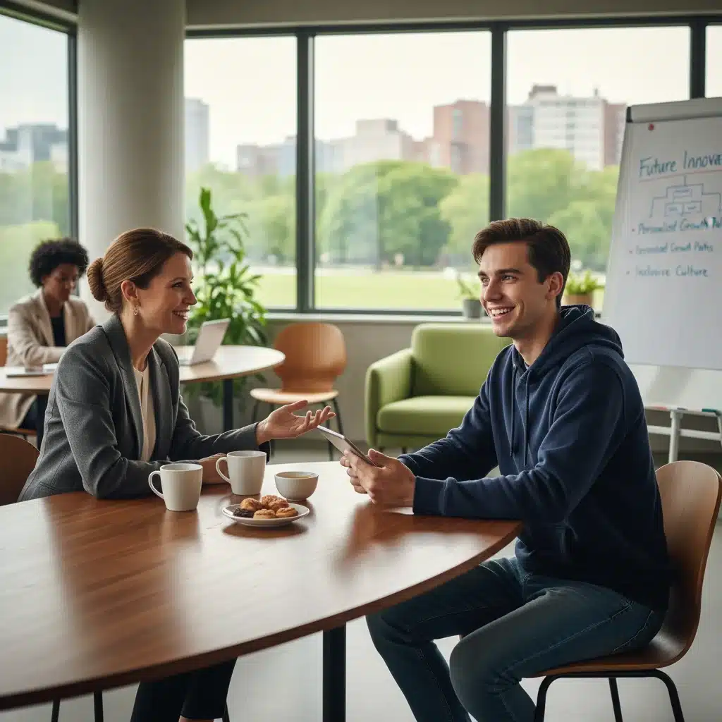 Profesional de RRHH conversando con un candidato tecnológico joven en una oficina luminosa, representando la atracción y retención de talento digital.