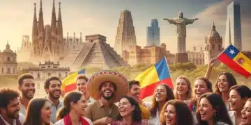 Grupo diverso de personas hispanohablantes celebrando la riqueza cultural del español en 2026.