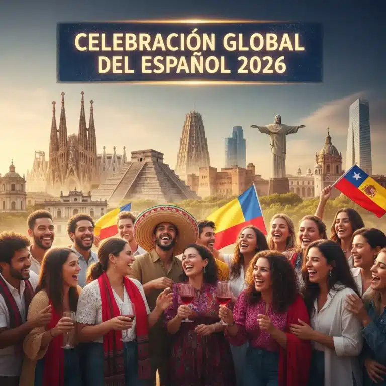 Grupo diverso de personas hispanohablantes celebrando la riqueza cultural del español en 2026.