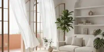 Salón luminoso con ventanas abiertas en un hogar español, simbolizando una buena ventilación y aire fresco.