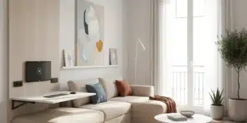 Salón moderno y minimalista en un apartamento pequeño en España con muebles inteligentes.