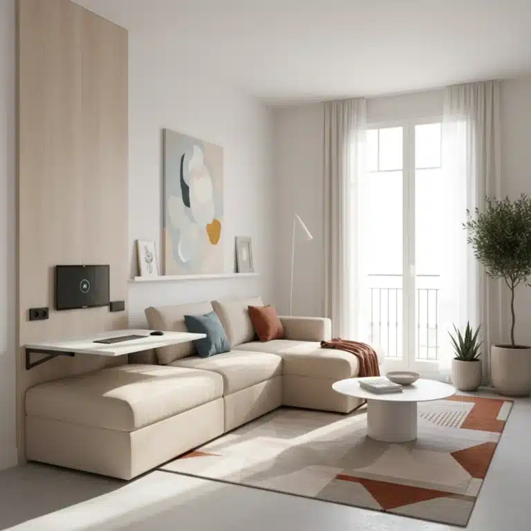 Salón moderno y minimalista en un apartamento pequeño en España con muebles inteligentes.
