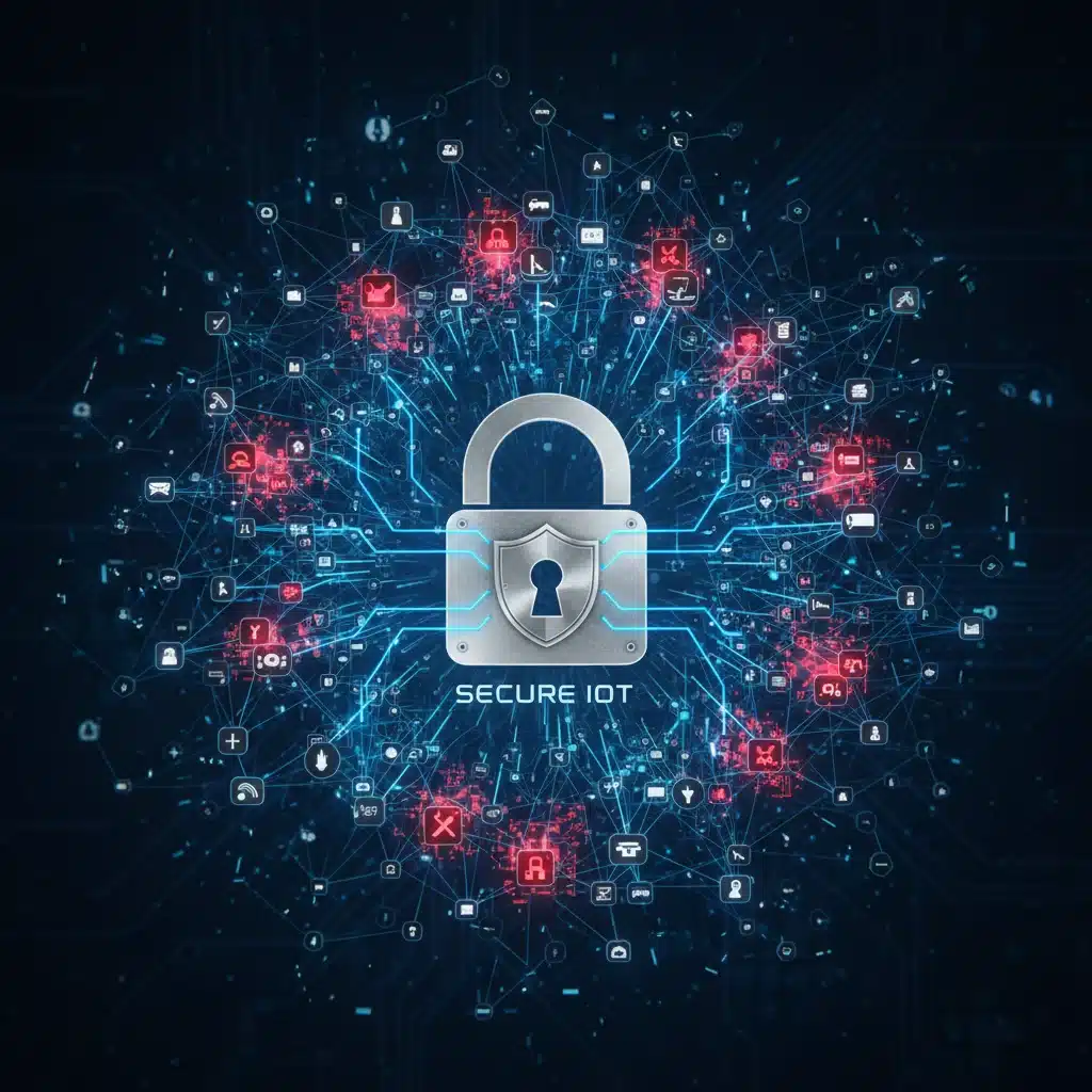 Red de dispositivos IoT interconectados con puntos vulnerables y un candado de seguridad, representando la protección de IoT